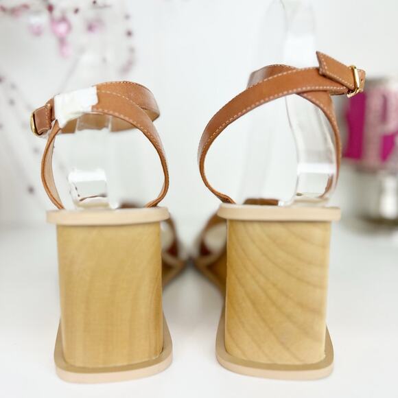 Lord & Taylor NWB Brown Leather Ankle Strap Wooden Wedge Heel Sandals Size 8 M - Picture 5 of 12